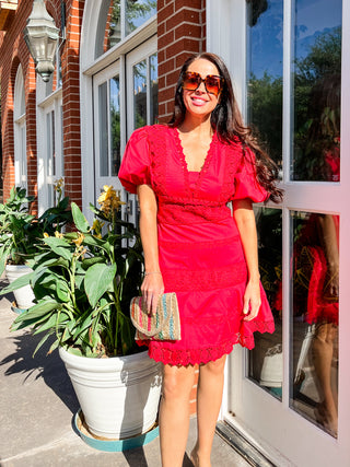 Karlie Solid Lace Trim Puff Sleeve Dress- Red-Mini Dress-K. Ellis Boutique