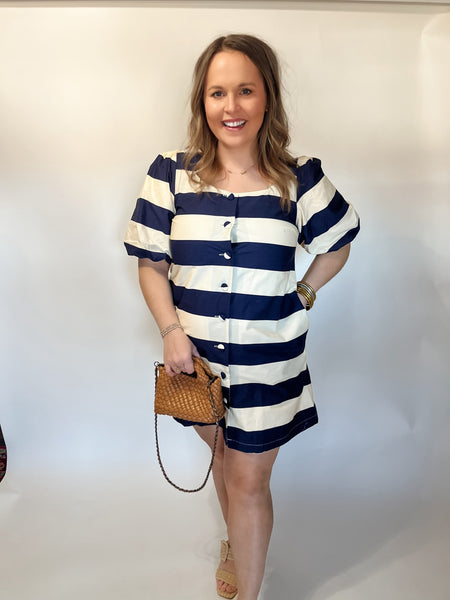 The Naomi Square Neck Stripe Mini Dress- Navy & White-K. Ellis Boutique