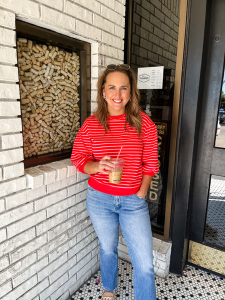 Striped Print 3/4 Sleeves Top- Pink/Red-K. Ellis Boutique