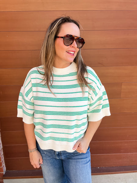 Drop Sleeve Stripe Knit Sweater- Green and White-K. Ellis Boutique