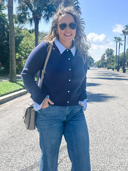 Collared Cardigan w/ Stripe Trim- Navy-K. Ellis Boutique