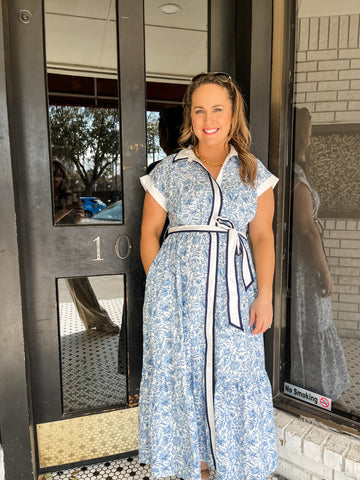 Floral Print Collared Midi Dress- Blue-K. Ellis Boutique