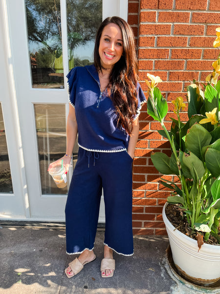 Contrast Stitching Top & Pant Set- Navy-K. Ellis Boutique