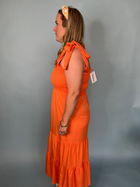 Smocked Self Tie Midi Dress - Orange-K. Ellis Boutique