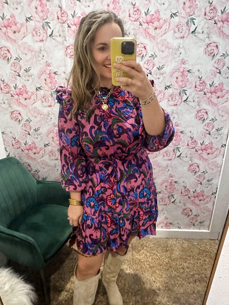 Valier Floral Balloon Sleeve Blouson Mini- Mauve Multi-K. Ellis Boutique