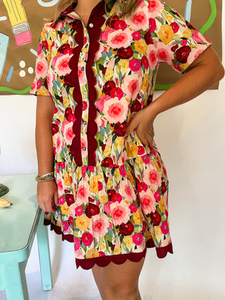 Floral Mini Dress w/ Scallop Hem- Wine-K. Ellis Boutique