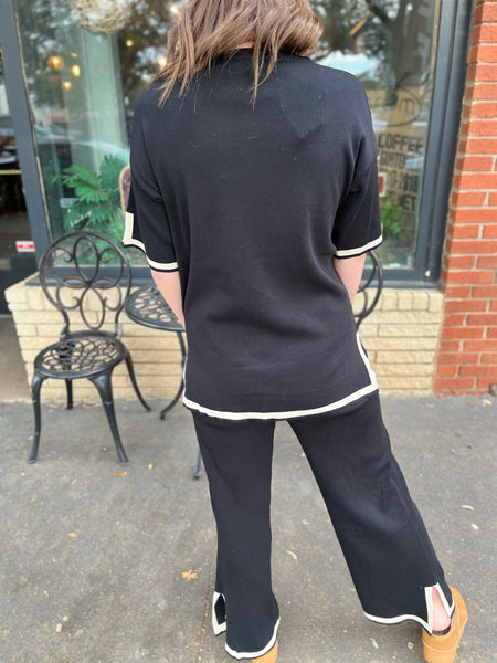 Knit Short Sleeves and Wide Leg Pants Matching Set- BLACK-K. Ellis Boutique