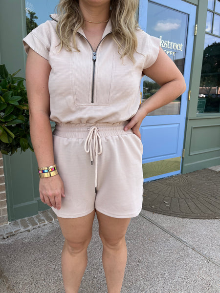 Solid Textured Romper - Light Taupe-K. Ellis Boutique