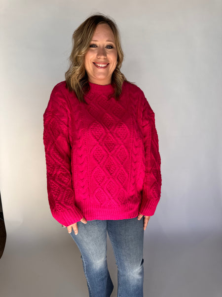 Oversized Mixed Cable Pattern Sweater Top- Hot Pink-K. Ellis Boutique