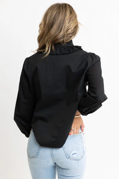 Karlie Solid Poplin Ruffle Neck Top- Black-K. Ellis Boutique