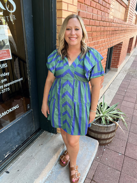 Mixed Line V-Neck Mini Dress - Green-K. Ellis Boutique