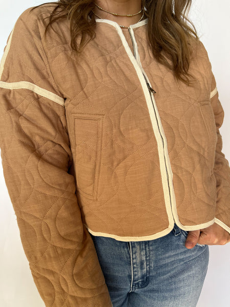 Quilted Contrast Binding Jacket- Taupe-K. Ellis Boutique