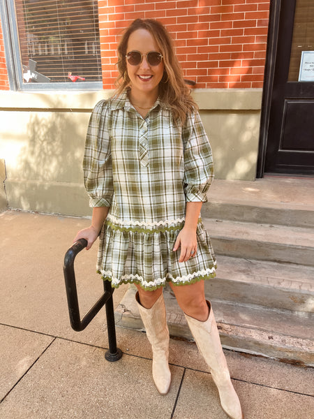 Plaid Print Collared Mini Dress- Olive-K. Ellis Boutique