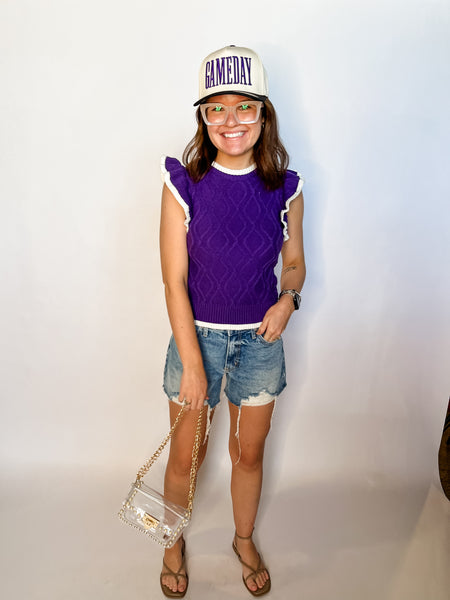 Cable Knit Ruffle Sleeve Top- Purple-K. Ellis Boutique