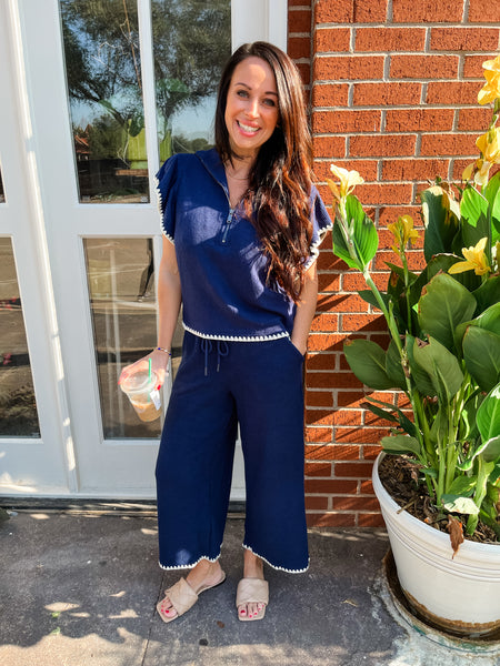 Contrast Stitching Top & Pant Set- Navy-K. Ellis Boutique