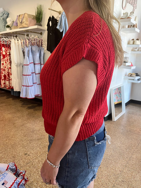 Solid Knit V-Neck Top - Red-K. Ellis Boutique