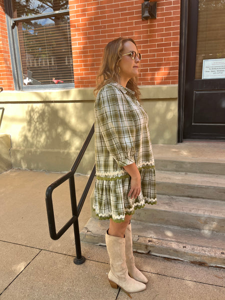 Plaid Print Collared Mini Dress- Olive-K. Ellis Boutique