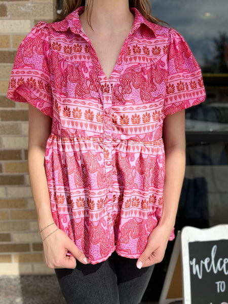 Mixed Print Tiered Button Down Top - Hot Pink-K. Ellis Boutique