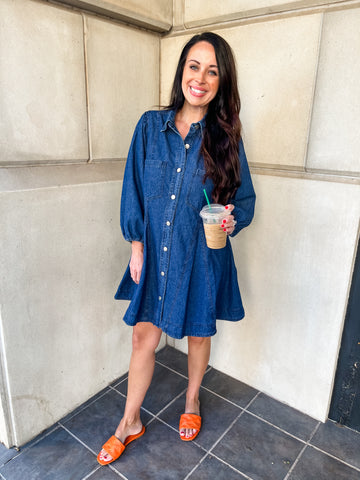 Denim Collared Button Up Mini Dress- Dark Denim-K. Ellis Boutique