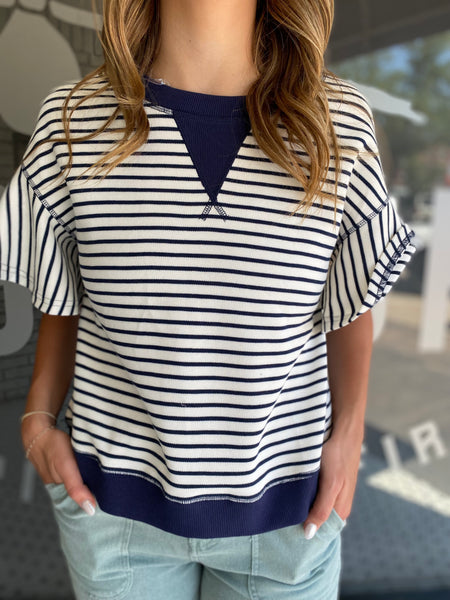 Striped Ruffle Sleeve Top - Navy-K. Ellis Boutique