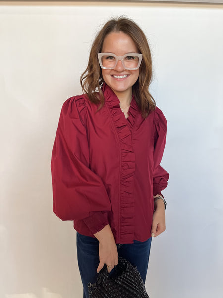 Cotton Poplin Jennifer Blouse- Burgundy-K. Ellis Boutique