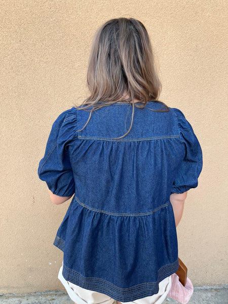 Denim V-Neck Bubble Sleeve Top- Dark Denim-K. Ellis Boutique