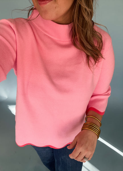 Scallop Edge Detailed Mock Neck Sweater Top- Pink & Red-K. Ellis Boutique