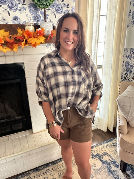 Oversized Plaid Button Down Top- Taupe-K. Ellis Boutique