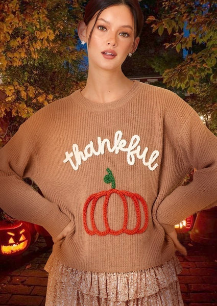 Thankful Pumpkin 3D Embroidered Sweater- Dusty Brown-K. Ellis Boutique