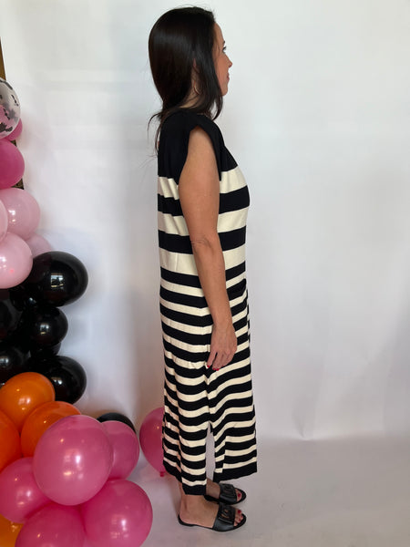 Striped Sleeveless Midi Bodycon Dress- Black-K. Ellis Boutique