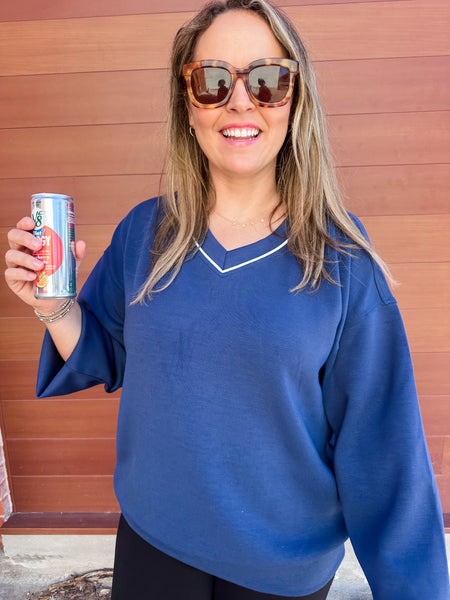 Modal Scuba Contrast Piping Vneck- Navy-K. Ellis Boutique