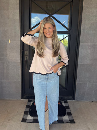 Scallop Edge Detailed Mock Neck Sweater- Blush/Black-K. Ellis Boutique
