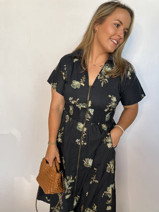 Paisley Zip Front Midi- Black-K. Ellis Boutique