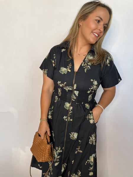 Paisley Zip Front Midi- Black-K. Ellis Boutique