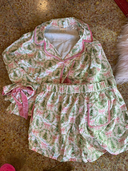 Satin Christmas Tree and Bow Pajama Set- Ivory/Green/Pink-K. Ellis Boutique