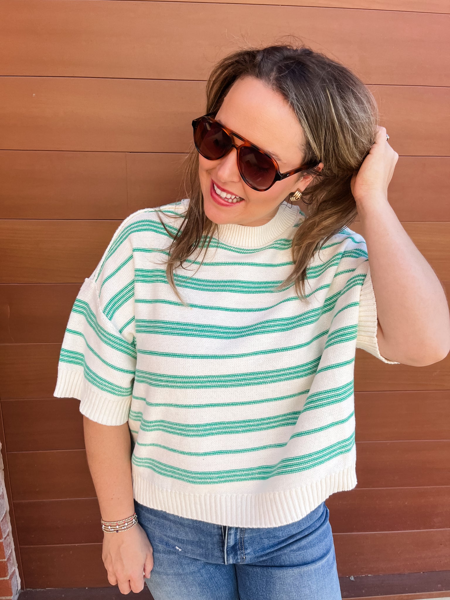 Drop Sleeve Stripe Knit Sweater- Green and White-K. Ellis Boutique