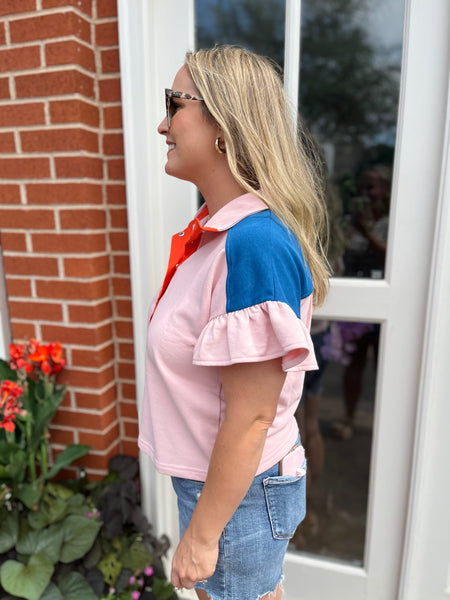 Color Block French Terry Ruffle Sweat Top- Pink-K. Ellis Boutique