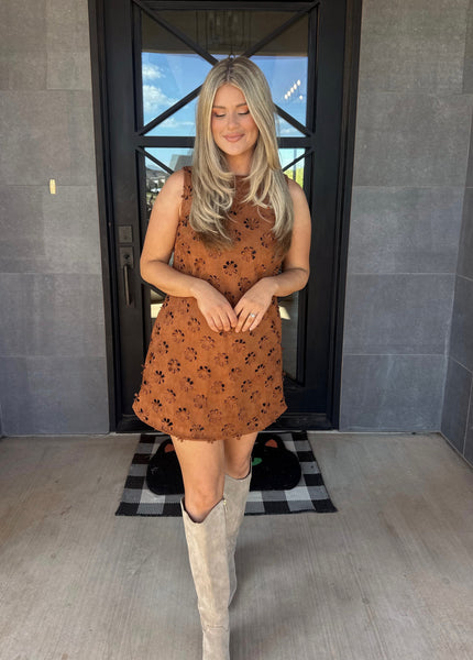 Flower Cut Out Suede Dress- Brown-K. Ellis Boutique