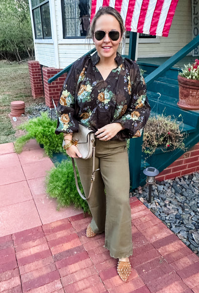 Floral Print Sydney Blouse -Chocolate Floral Print-K. Ellis Boutique