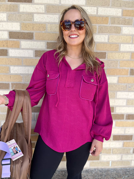 Oversized Hoodie Knit Top W/ Patch Pockets- Magenta-K. Ellis Boutique