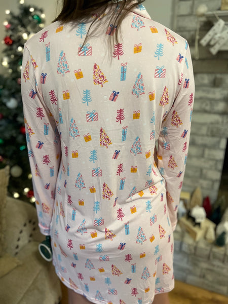 Twinkle Tree Long Sleeve Button Up Sleep Shirt-K. Ellis Boutique