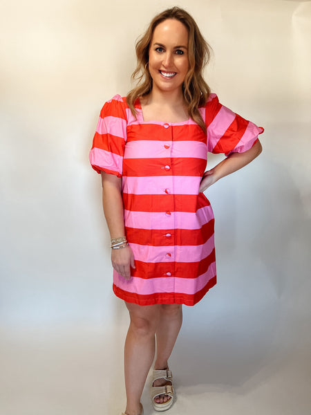 The Naomi Square Neck Stripe Mini Dress -Pink & Coral-K. Ellis Boutique