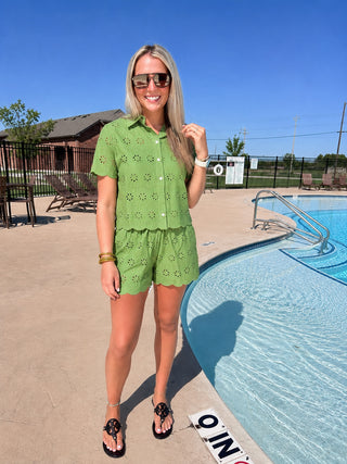 Eyelet Detailed Button Down Shirt & Short - Sage-Set-K. Ellis Boutique
