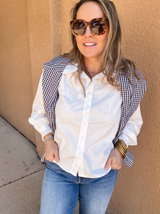 Ruffle Detail Button Down- Off White-K. Ellis Boutique