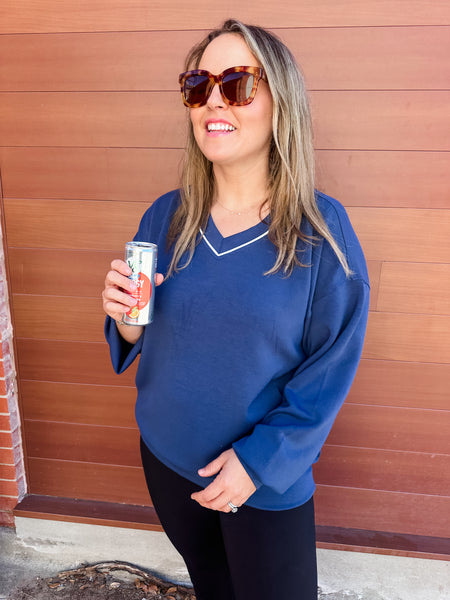 Modal Scuba Contrast Piping Vneck- Navy-K. Ellis Boutique