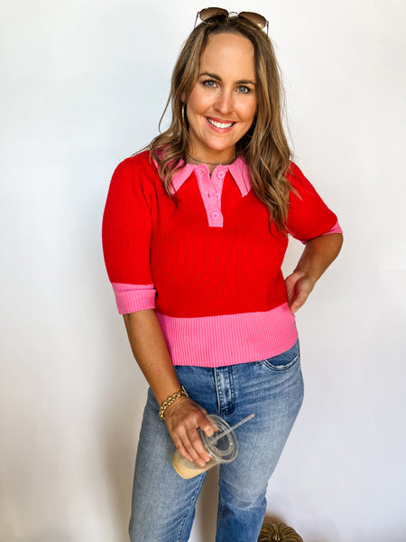 Margot Color Block Collared Sweater Top- Pink/Red-K. Ellis Boutique