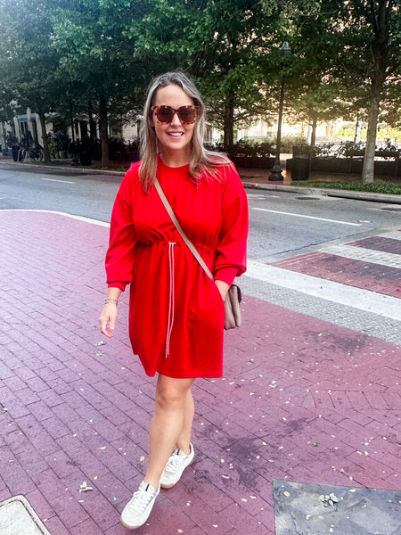 Drawstring Waist Long Sleeve Mini- Red-K. Ellis Boutique