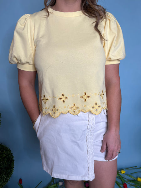 Solid Puff Sleeve Embroidery Hem Top - Lemon-K. Ellis Boutique