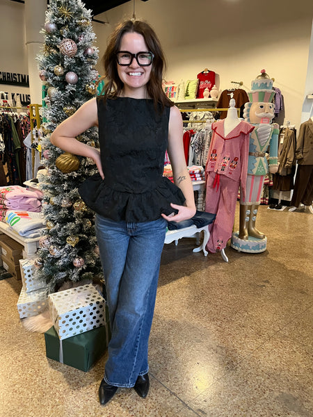 Katie Black Brocade Short Sleeve Top- Black-K. Ellis Boutique