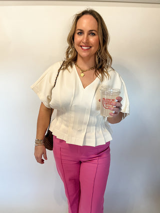 Blaire Pleated Waist Top- Cream-Short Sleeve Top-K. Ellis Boutique